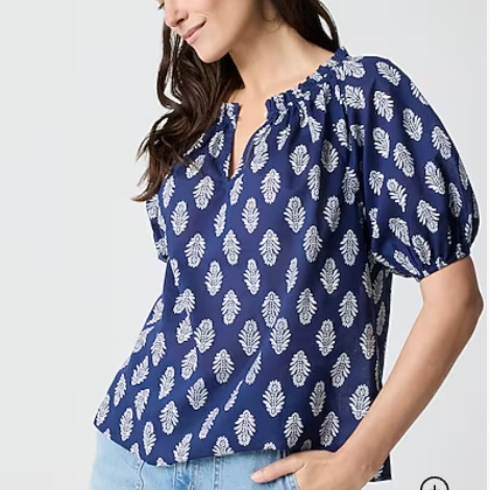 J Crew Factory Printed Puff-Sleeve Split-Neck Top in Antique Navy